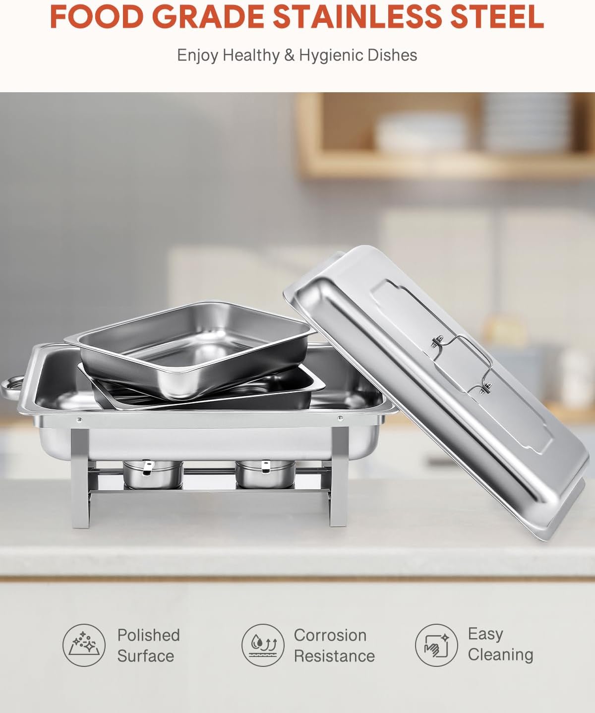 Wilprep Verdeelbakken chafing dish set van 2 bakken GN 1/2 RVS, 4 stuks 9L buffetwarmers met 8 halve maat bakken, brandpasta houders, 4 deksel opvouwbare frames, voor feesten buffetten diners