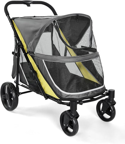 GarveeLife 2-in-1 hondenwagen, hondenbuggy inklapbaar voor grote en middelgrote honden en katten, huisdieren, buggy opvouwbaar met netramen, bekerhouder, verstelbare handgreep en 360° wielen, tot 50