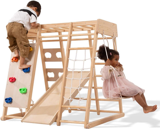 Giant bean Middelgroot formaat indoor speeltuin jungle gym voor 2-10 jaar, peuters, 9-in-1 met slide, Rock Climb Wall, Monkey Bars, Hout & Rope Ladder, Climbing Rope & Wall and Gymnastic Ring