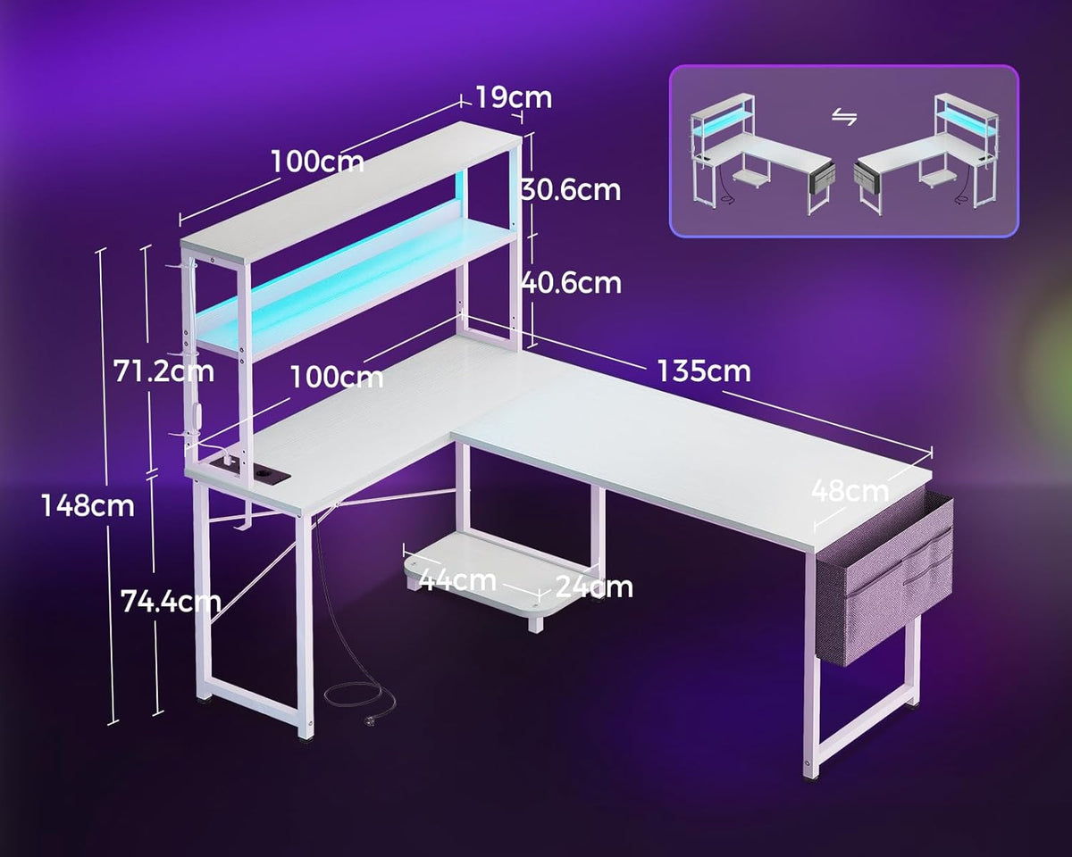 Coleshome Gaming tafel L-vorm met led en stopcontacten, 135 × 100 cm omkeerbaar gamingbureau met legplanken, hoekbureau met opbergtas voor thuiskantoor en gaming, wit