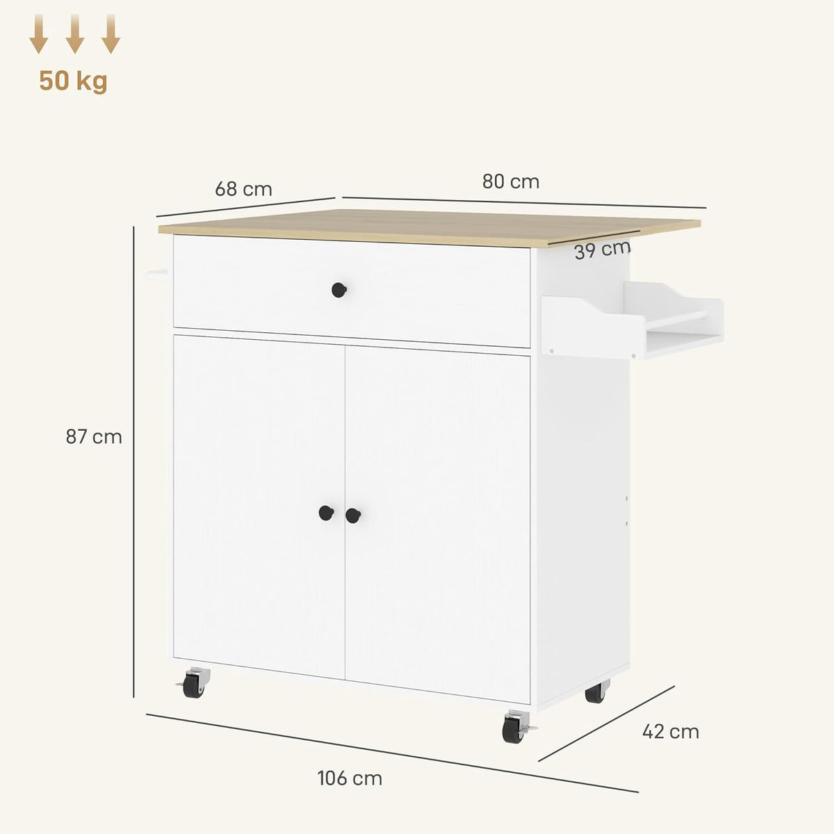 HOMCOM Kitchen Island Wheeled Kitchen Cart with Folding Worktop, Drawer, Kitchen Cabinet Cart with Insert Shelf, Towel Bar, Spice Rack, Serving Trolley White - QUORE