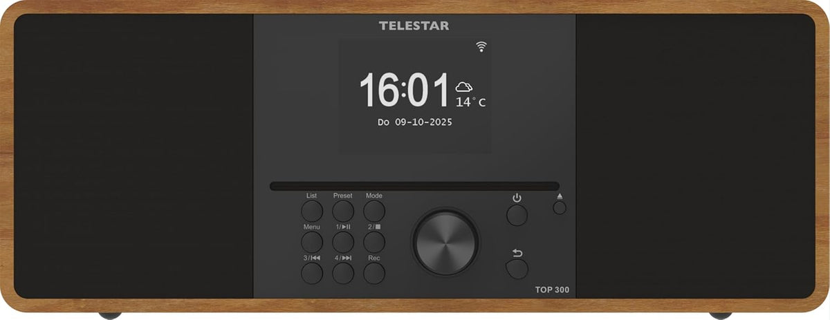 TELESTAR TOP 300 – DAB+/internetradio met cd-speler (stereo, 2 × 15 W, streamingdiensten, Bluetooth zend-/ontvangstfunctie, USB-opname, noodwaarschuwingssysteem) – hout