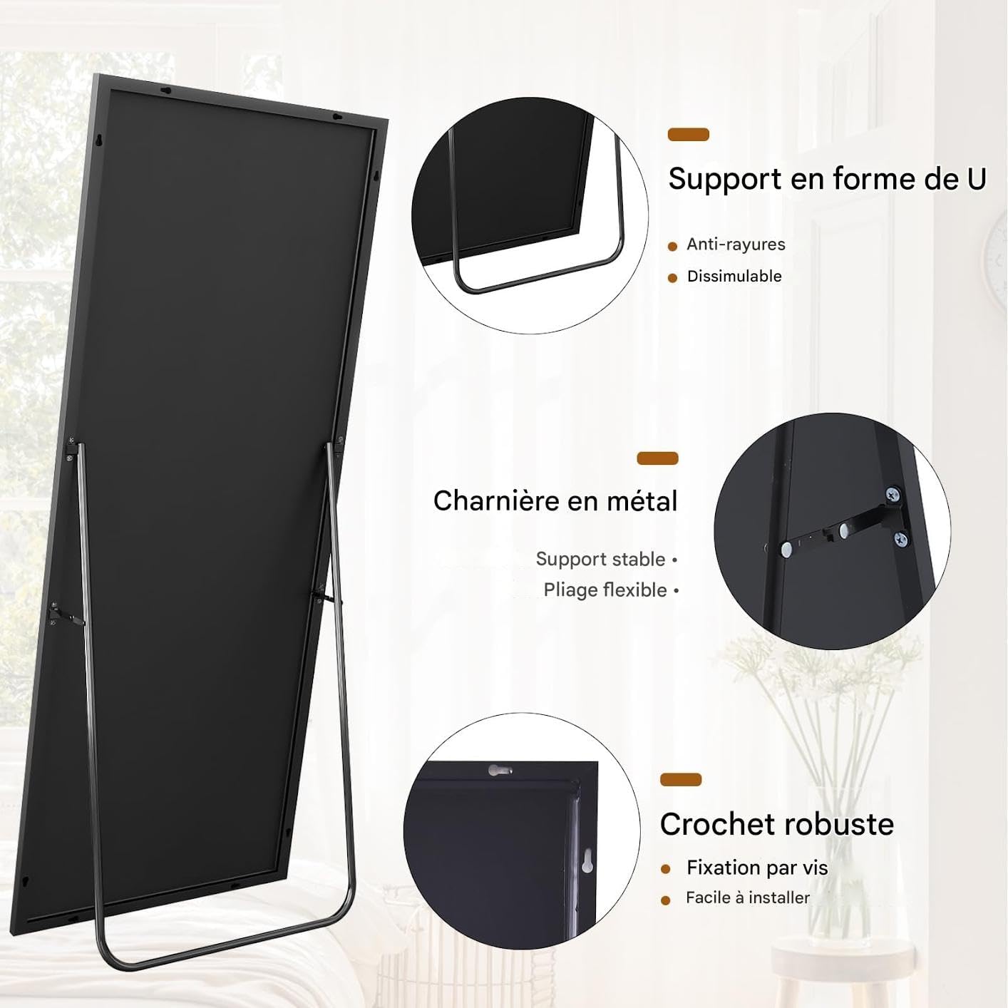 Koonmi 89 x 198 cm grote staande spiegel, robuuste full-body spiegel met minimalistisch smal aluminium frame, moderne grote wandspiegel, staand of hangend voor woonkamer en slaapkamer, zwart