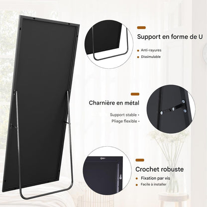 Koonmi 89 x 198 cm grote staande spiegel, robuuste full-body spiegel met minimalistisch smal aluminium frame, moderne grote wandspiegel, staand of hangend voor woonkamer en slaapkamer, zwart