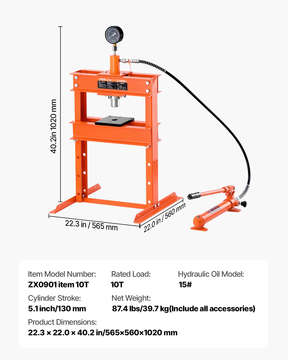 VEVOR Hydraulic shop press, 10T H frame, shop press with press plate and H-shaped base, stable garage floor, adjustable hydraulic press with release valve, suitable for bending, straightening and