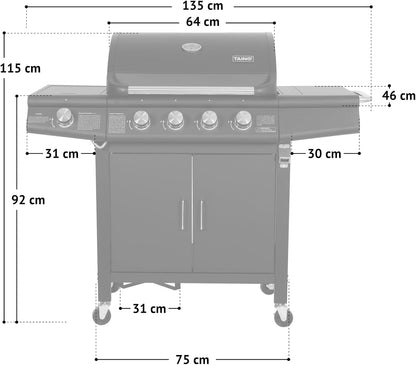 Taino RED 4+1 Gas Barbecue Grill Trolley BBQ Burners Stainless Steel Black - QUORE