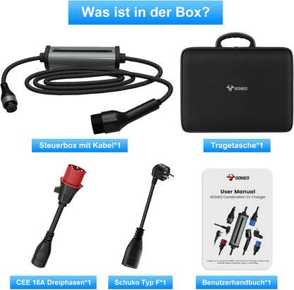 GONEO Mobile Wallbox 11 kW laadstation, 3-fasig, 8-16 A instelbaar, met timer 2-8 uur, oplaadkabel type 2 naar CEE-stekker en Schuko stekker (7 m), IP66 bescherming, EV oplader voor model Y/3 en