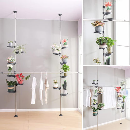 Uitbreidbare plantenstandaard – Plantenhouder – Plantenrek – Bloemenrek – Bloemendisplayrek – Zonder boren, vloer-tot-plafond klembevestiging – Verstelbaar in hoogte 175-290 cm, 12 trays, 2 armen en 1 hangstang