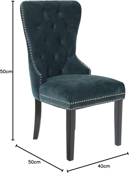 DRW Set van 2 fluwelen stoelen met houten poten in blauw, 52 x 63 x 100 cm