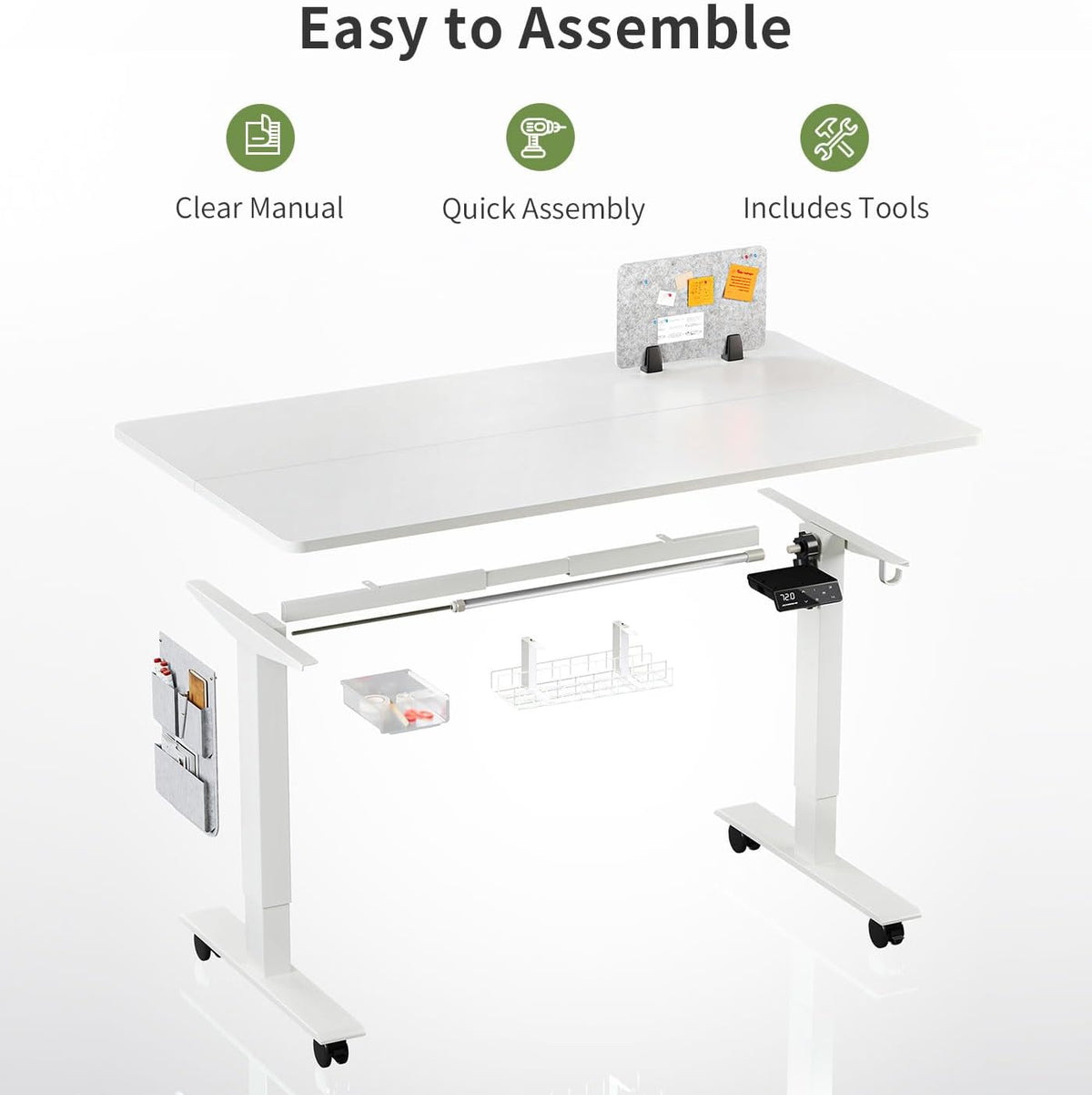 MAIDeSITe Height Adjustable Desk (140 x 70cm) Easy to Assemble Desk Height Adjustable Electric with 4 Memory Buttons and Memoboard and 360° Wheels Desk SN1 - QUORE