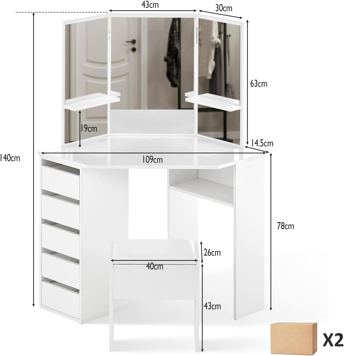 Witte Hoekkaptafel – Make-up Tafel – Ijdelheid Tafel – Dressing Bureau – Slaapkamer Meubel – Met 3 Spiegels – 5 Laden Opbergruimte