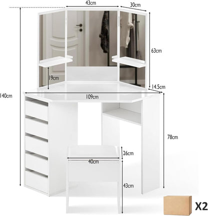 Witte Hoekkaptafel – Make-up Tafel – Ijdelheid Tafel – Dressing Bureau – Slaapkamer Meubel – Met 3 Spiegels – 5 Laden Opbergruimte