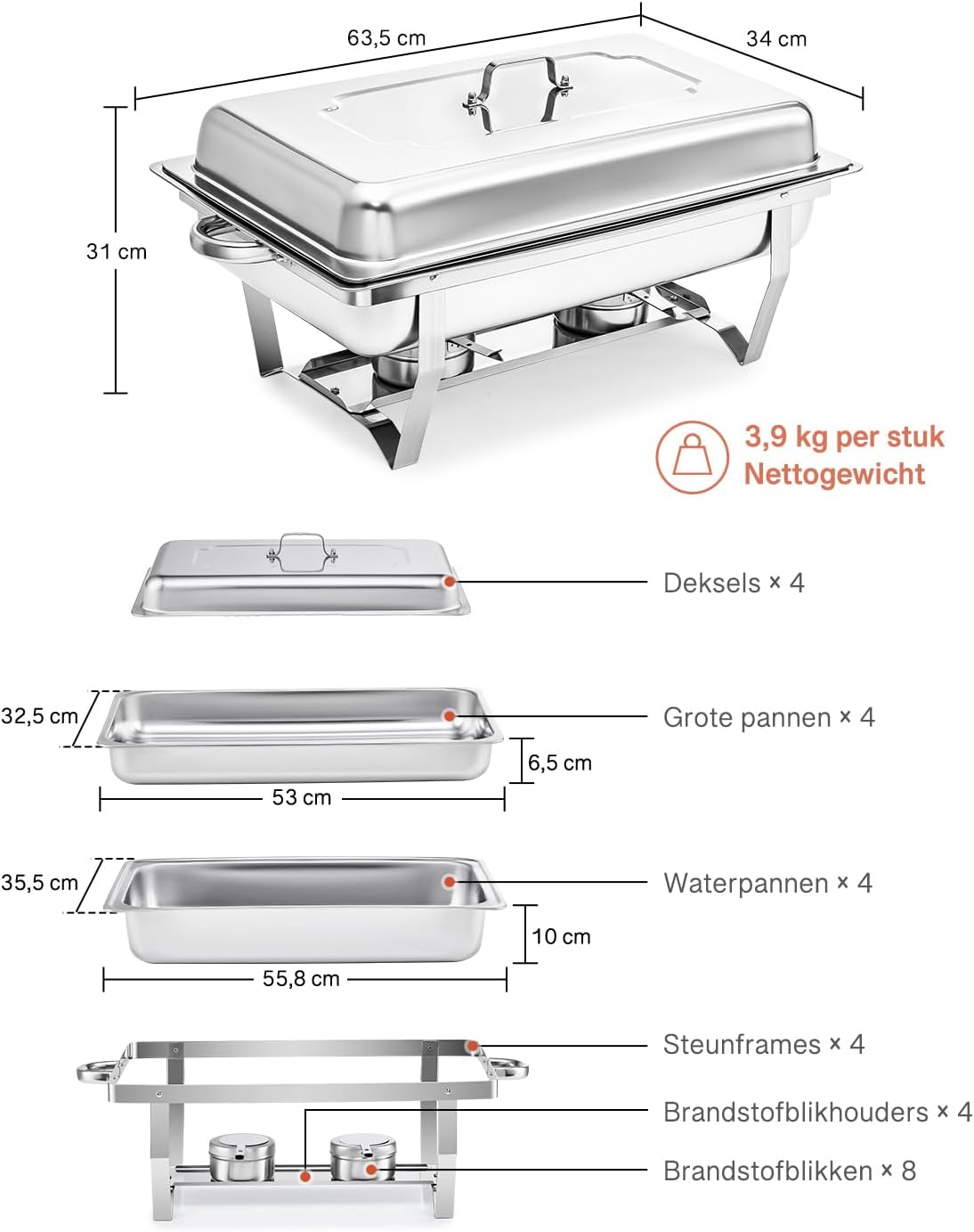 VONLUCE Chafing Dish Voedselverwarming, 9 l, 4 stuks roestvrijstalen warmtetank voor warmtetrank, roestvrijstalen buffetset, voor catering, buffet en feesten (zilver)