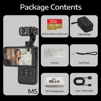ORDRO M5 5K vlogging-camera met 3-assige stabilisator, 120° ultra-groothoek, infrarood nachtzicht, 3,5 inch IPS-scherm, kleine vlogcamera met SD-kaart: