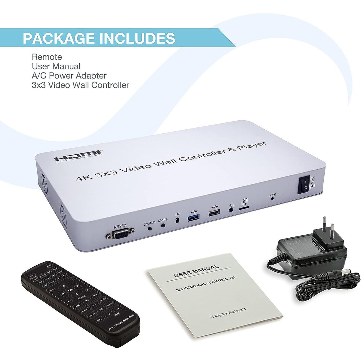 3x3 Videomuurcontroller met Media Player | 1080p, HDMI 1.4, compatibel met HDCP1.4 | 1 HDMI-ingang en 9 uitgangen | 1x2, 1x3, 1x4, 2x1, 2x2, 2x3, 2x4, 3x1, 3x2, 3x3, 4x1, 4x2