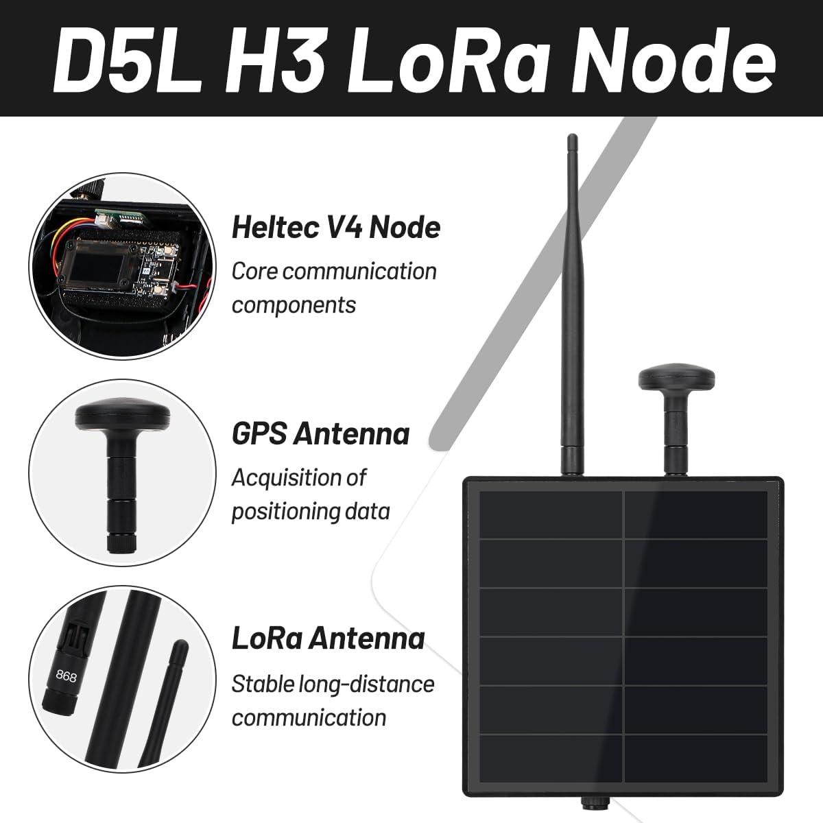 KEEPTEEN D5L Mesh Core Solar LoRa Kits, Mesh Tracker Node Repeater, 5 W zonnepaneel Bult in Heltec ESP32 V4 Lora Modules Board met Mushroom GPS/868MHz antenna WiFi Bluetooth 5200mAh batterij