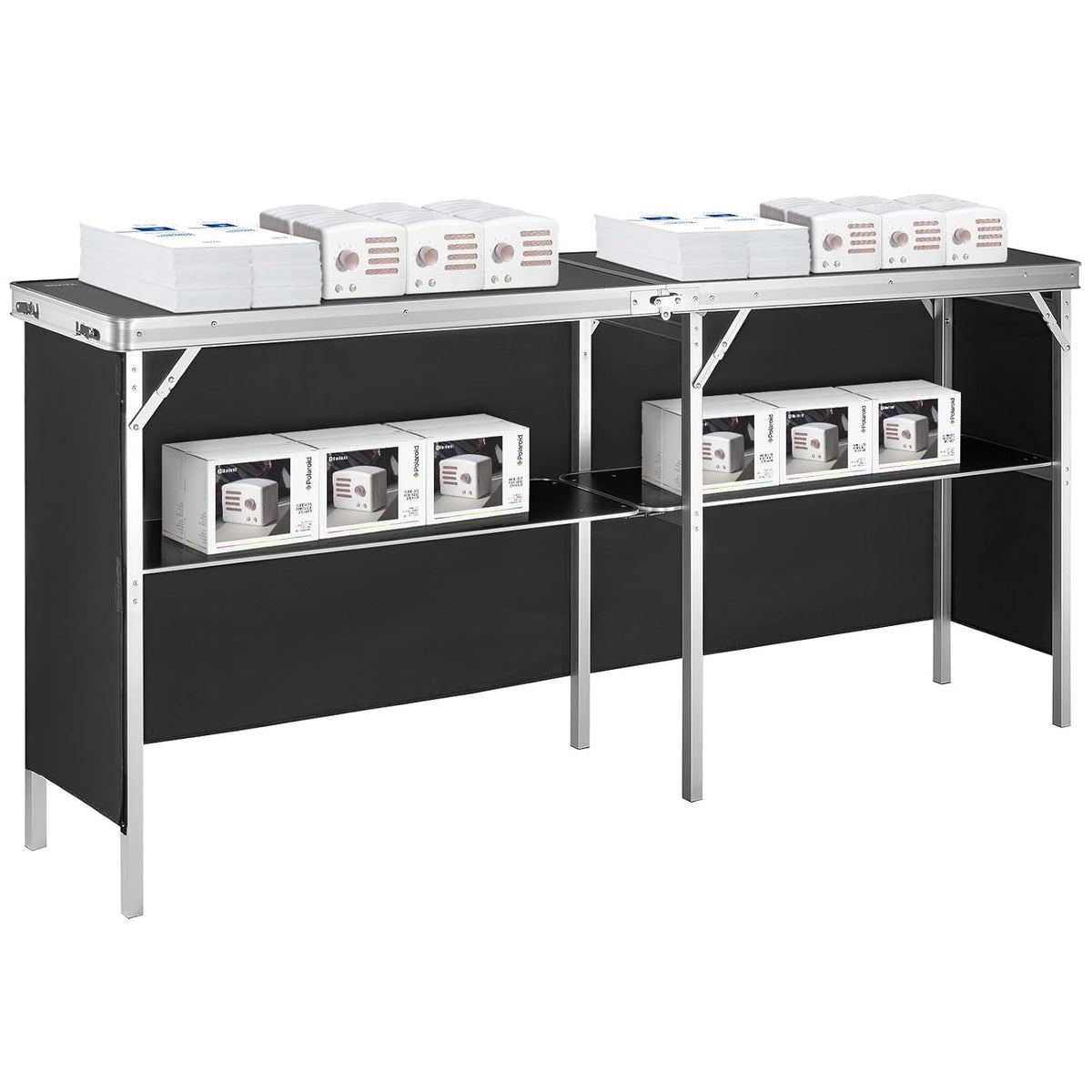 VEVOR Stand voor beurzen, woonkamer, 195 x 38,5 x 88 cm, extra lange en draagbare opvouwbare bartafel met draagtas, opbergrek en zwarte rok, voor feest, picknick, commerciële tentoonstelling