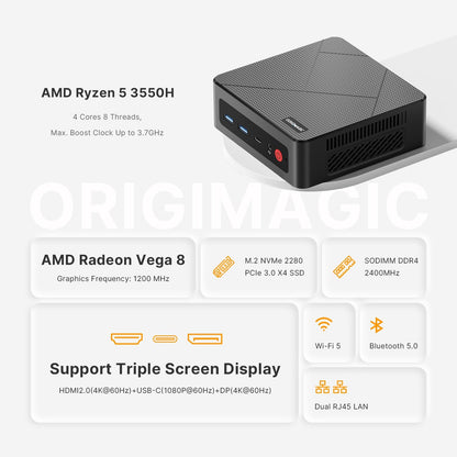 C4 Mini PC, Ryzen 5 3550H (up to 3.7GHz) Mini Computer, 16GB DDR4, 512GB SSD, Support Three 4K Screens, WiFi 5/BT5.0/Dual Ethernet, Mini Desktop for Home Office - QUORE