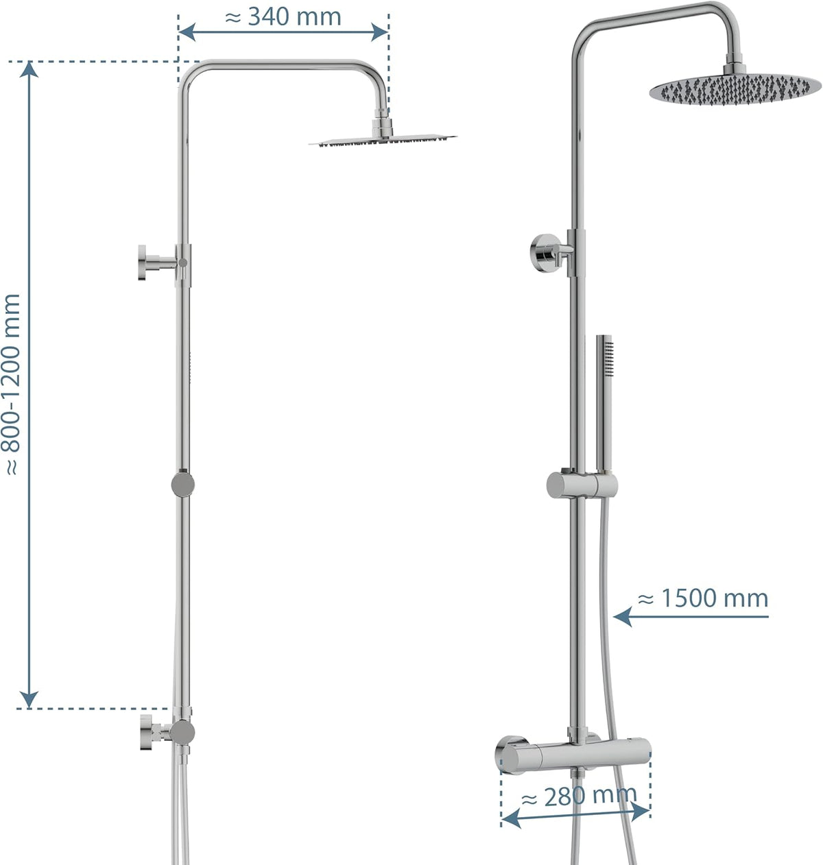 Douche Systeem – Douche Set – Regendouche – Thermostaatkraan – Handdouche – 25 cm Regendouchekop – Waterbesparend Chroom