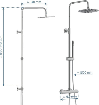 Douche Systeem – Douche Set – Regendouche – Thermostaatkraan – Handdouche – 25 cm Regendouchekop – Waterbesparend Chroom