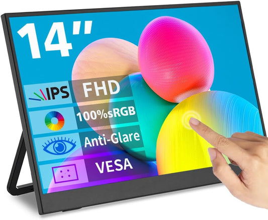 Draagbare monitor Touchscreen 14 inch, USB-C & FHD extern display 100% sRGB anti-schittering oogverzorging, privacybescherming, laag vermogen, VESA monteerbare reismonitor voor laptop/Mac/Gaming