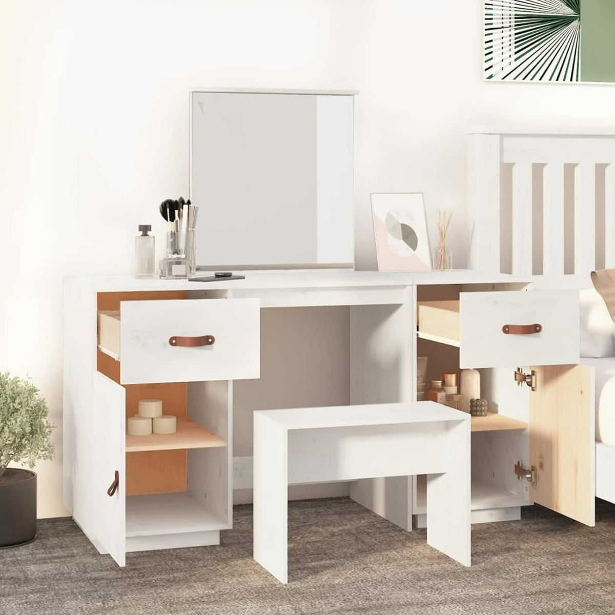 Tidyard Dressing table with mirror, dressing table, chest of drawers, dressing table, vanity table, makeup mirror, bedroom, solid pine, white - QUORE