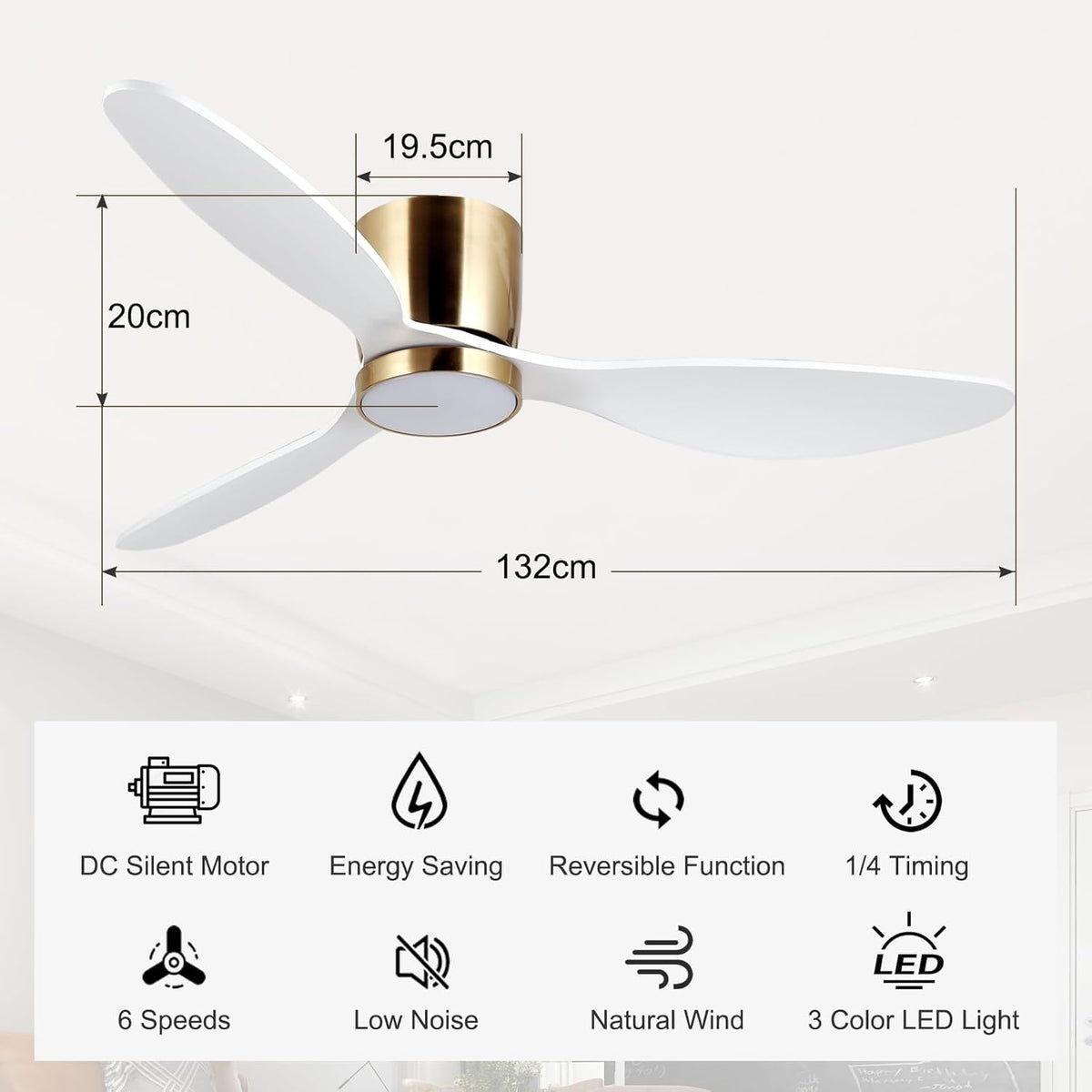 reiga Witte plafondventilator met ledverlichting en afstandsbediening, Ø 132 cm, energiebesparende DC-motor, stil, 3 kleurtemperaturen, 3-vleugels, houten plafondventilator voor slaapkamer, woonkamer