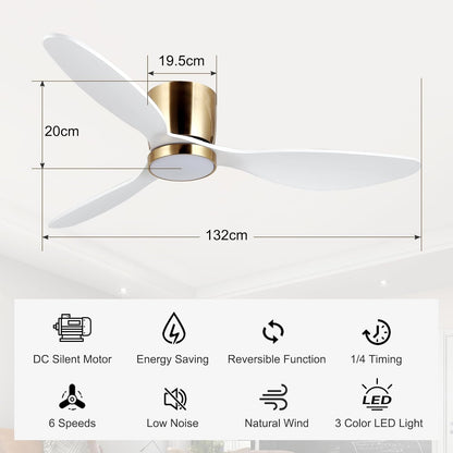 reiga Witte plafondventilator met ledverlichting en afstandsbediening, Ø 132 cm, energiebesparende DC-motor, stil, 3 kleurtemperaturen, 3-vleugels, houten plafondventilator voor slaapkamer, woonkamer