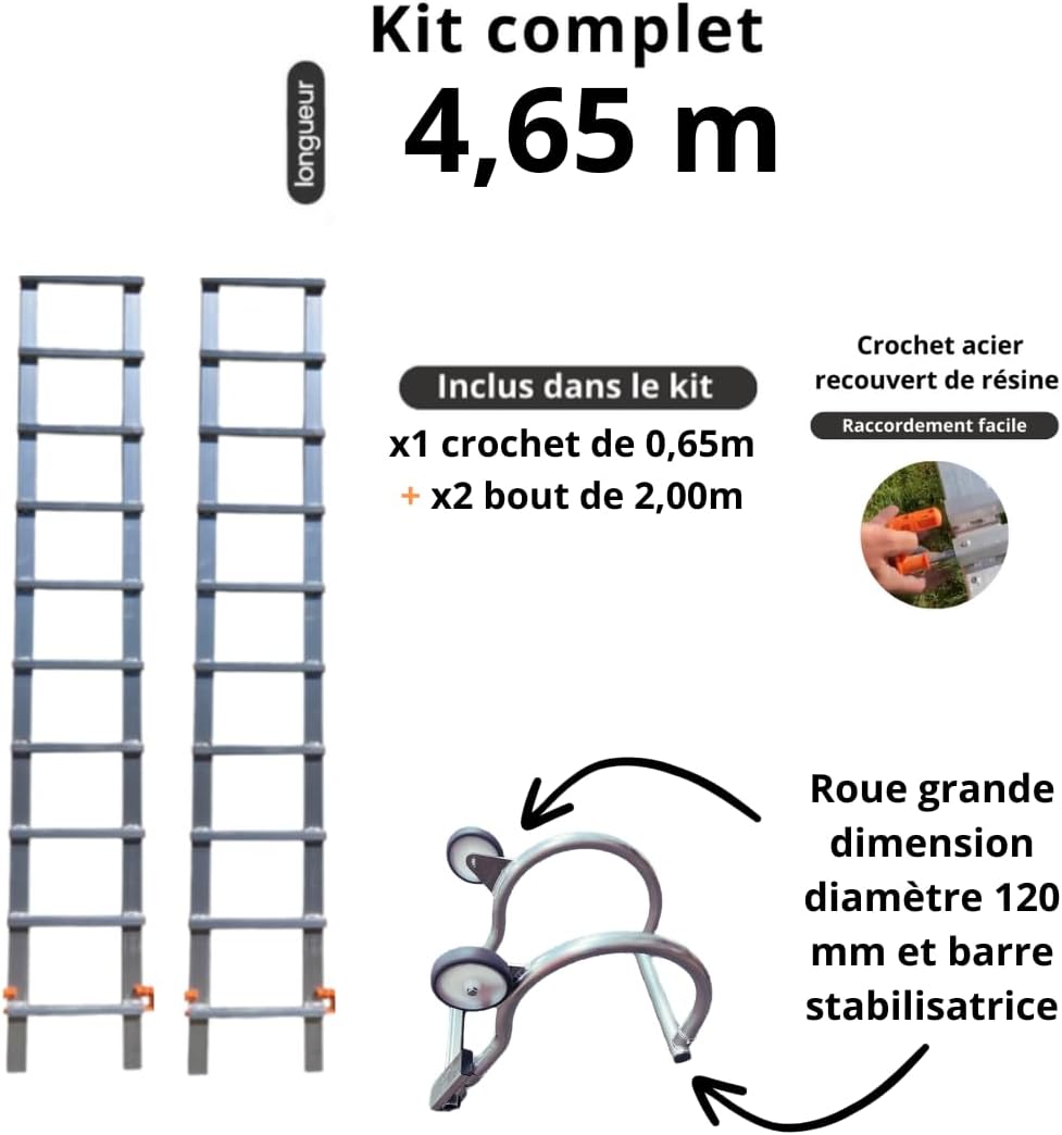 Dakladder, lengte 4,65 m, eenvoudig te installeren, 2 verlengingen van 2,00 m + 1 haak van 0,65 m, met wielen 120 mm, volledig van aluminium, zeer licht, 12 kg, belastbaarheid tot 150 kg