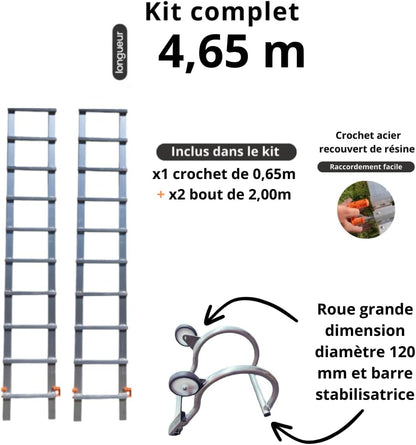 Dakladder, lengte 4,65 m, eenvoudig te installeren, 2 verlengingen van 2,00 m + 1 haak van 0,65 m, met wielen 120 mm, volledig van aluminium, zeer licht, 12 kg, belastbaarheid tot 150 kg