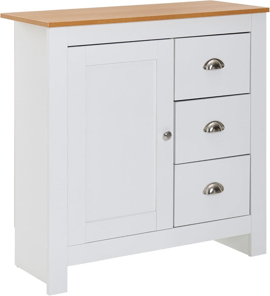Sideboard – Dressoir – Kast – Opbergkast – Ladekast – Modern Design – Wit Eiken – 3 Lades – Deurvak – 79x81x35 cm – Melaminehars Coating – Aluminium Handgrepen - QUORE
