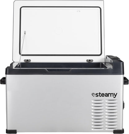 Steamy-E Single Zone 30, Elektrische Compressor Koelbox, 27 Liter, Zilver, 12V/230V, voor vriezen en koelen van -20 tot +20, ideaal voor op de camping