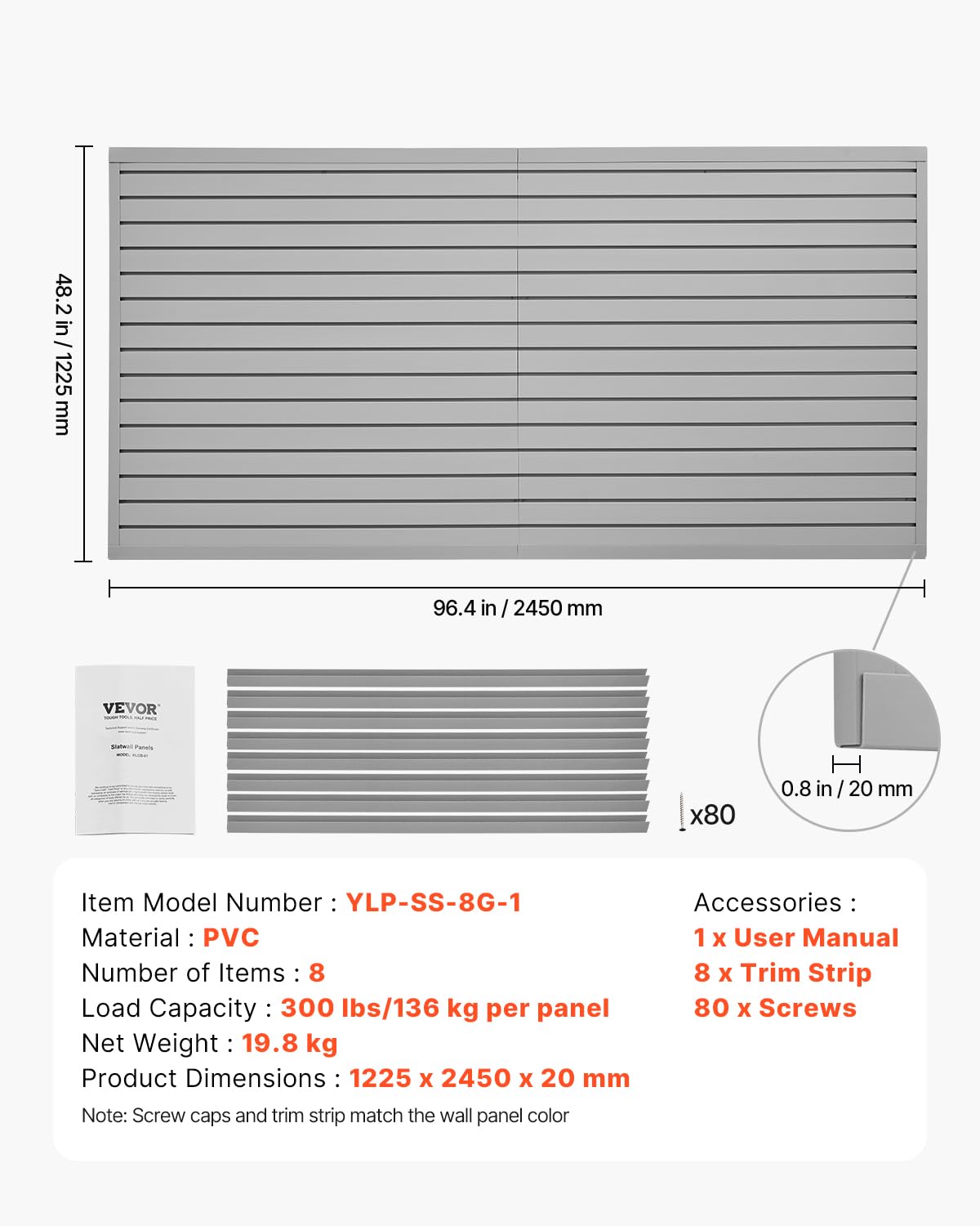 VEVOR Gereedschapswand, 1225 x 2450 x 20 mm, pvc-garagelamellenwand, grijze wandorganizer, 136 kg per plaat, lamellenwandpaneel met koppelingsstructuur en doe-het-zelfgesneden, geschikt voor opslag en