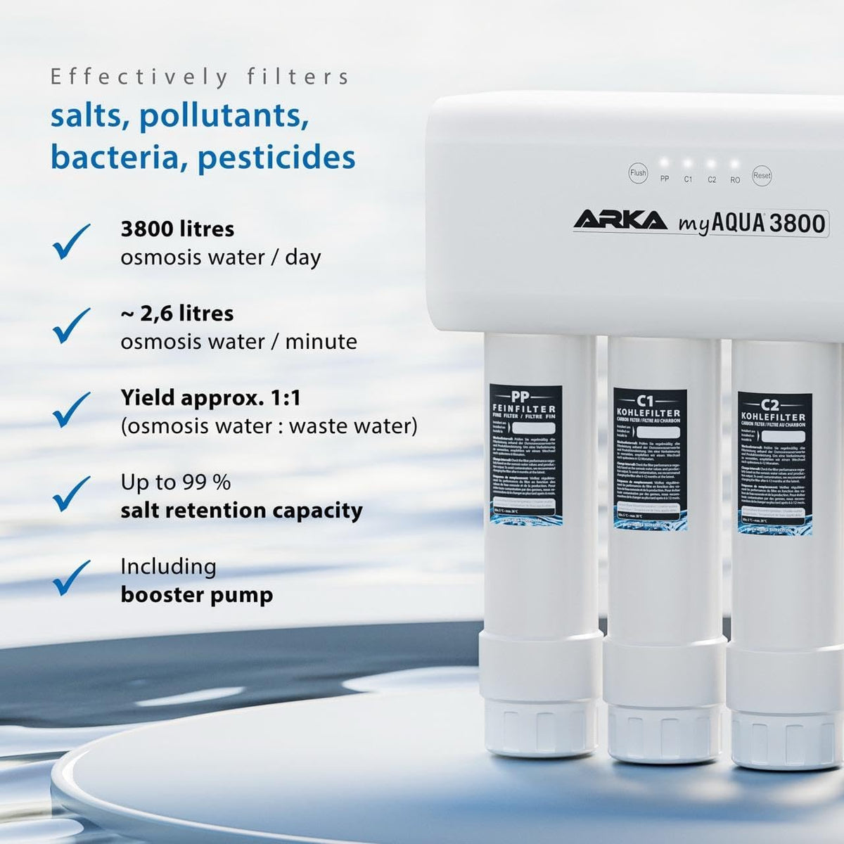 ARKA myAQUA 3800 Osmosis System, 3800 L/Day, Removes 99% Harmful Substances, Salts and Bacteria, Water Filter and Softening System, Smart Complete Set for Household and Aquarium - QUORE