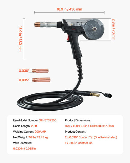 VEVOR Spoelpistool met kabel, 6 m, 200 A, compatibel met MIG-lasapparaten Hobart lronMan 240, geschikt voor gevulde lasdraden, robuust, aluminium 0,76 mm, 0,89 mm, verschillende lastaken