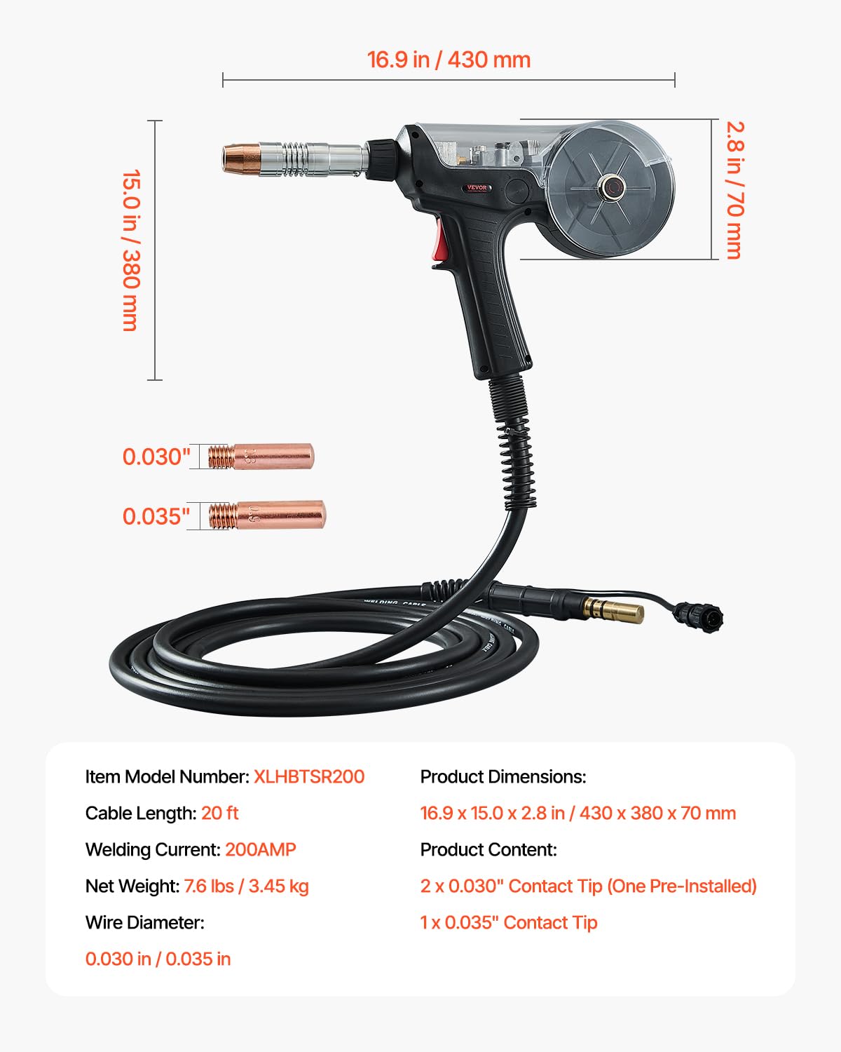 VEVOR Cable, 6 m, 200 A, Compatible with MIG Welding Machines Hobart lronMan 240, Suitable for Filled Welding Wires, Robust Aluminium 0.75 mm, 0.9 mm, Various Welding Tasks