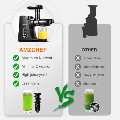 AMZCHEF Cold Press Slow Juicer met 2 snelheidsstanden （Zachte en harde stand）voor een breed scala aan fruit en groenten - Juicer wordt geleverd met een 500ml draagbare fles en twee kopjes - Zwart