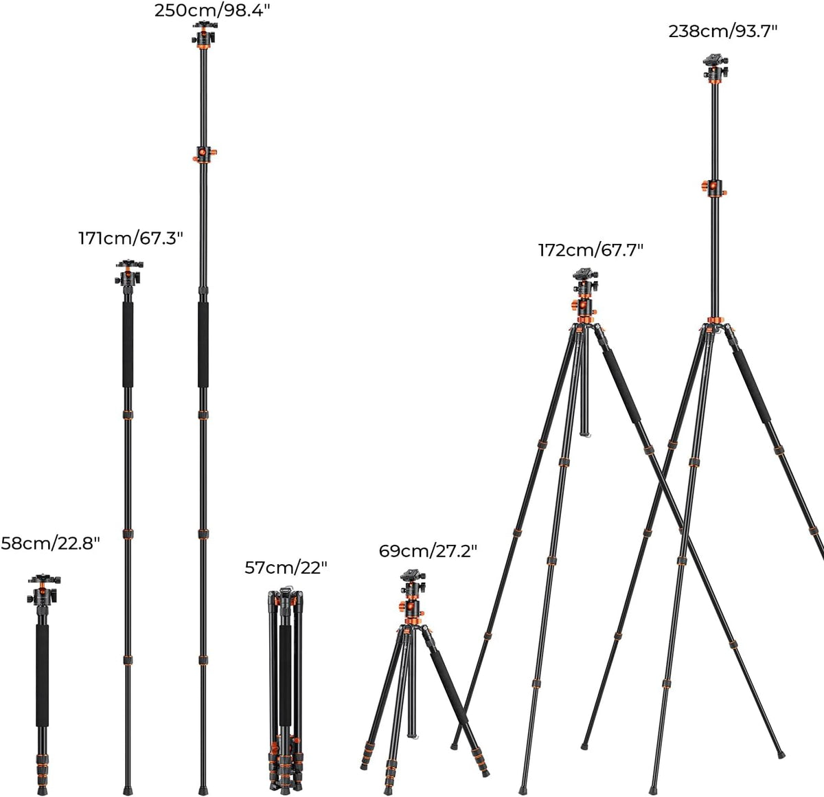 K&F Concept 240cm Camera Statief, Professioneel Video Statief met Centrale Kruis Kolom met Pan Bal Hoofd en Loslaat Plaat voor DSLR Camera T254A8+BH-28L(SA254T1).