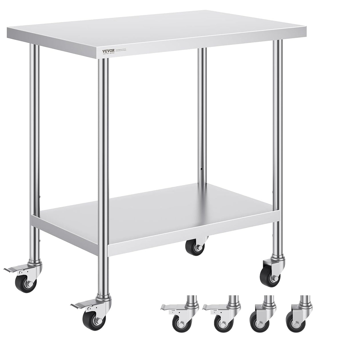 VEVOR Roestvrijstalen werktafel 61 x 90 x 90 cm, met 4 wielen, 3 verstelbare hoogteniveaus, zware werktafel voor voedselvoorbereiding voor commercieel keukenrestaurant, zilver