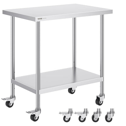 VEVOR Roestvrijstalen werktafel 61 x 90 x 90 cm, met 4 wielen, 3 verstelbare hoogteniveaus, zware werktafel voor voedselvoorbereiding voor commercieel keukenrestaurant, zilver