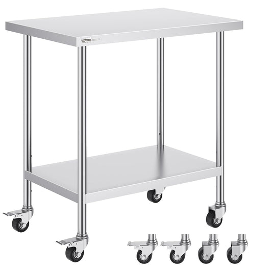 VEVOR Roestvrijstalen werktafel 61 x 90 x 90 cm, met 4 wielen, 3 verstelbare hoogteniveaus, zware werktafel voor voedselvoorbereiding voor commercieel keukenrestaurant, zilver