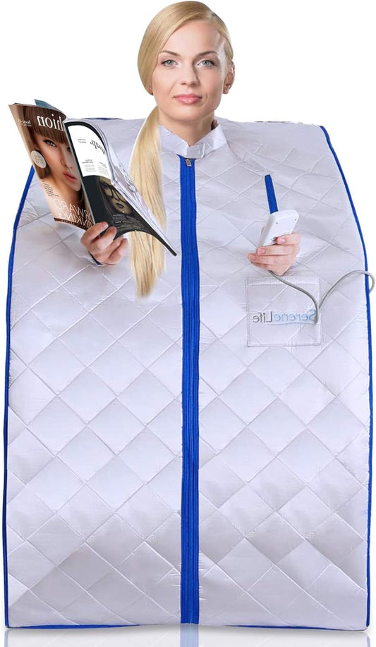 SereneLife Portable Sauna For Home Use- Infrared Sauna Tent With Heated Foot Cushion And Foldable Chair-Sauna Box - Compact Personal Detox Sauna Remote Control-96.5 x 81 cm-Silver - QUORE