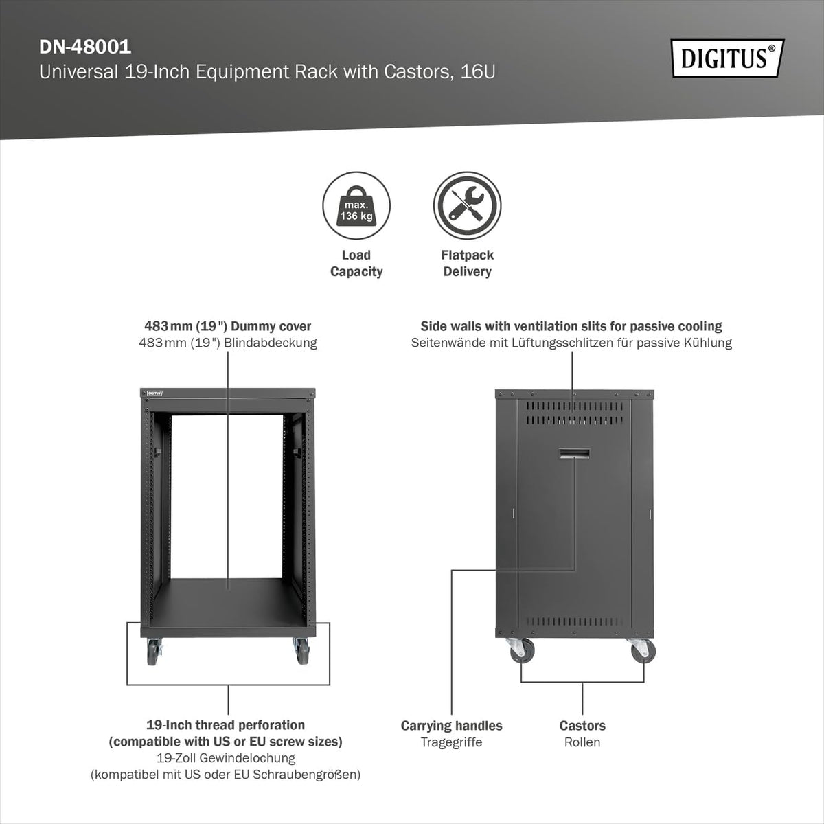 19-inch Apparatuurrek – Audiorek – Rackkast – Serverrack – Netwerkkast – 16U Zwart – Met Wielen – Draagvermogen 136 kg