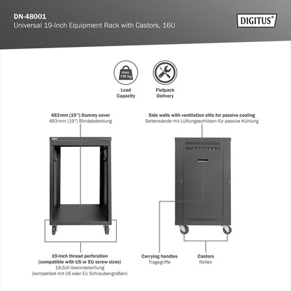 19-inch Apparatuurrek – Audiorek – Rackkast – Serverrack – Netwerkkast – 16U Zwart – Met Wielen – Draagvermogen 136 kg