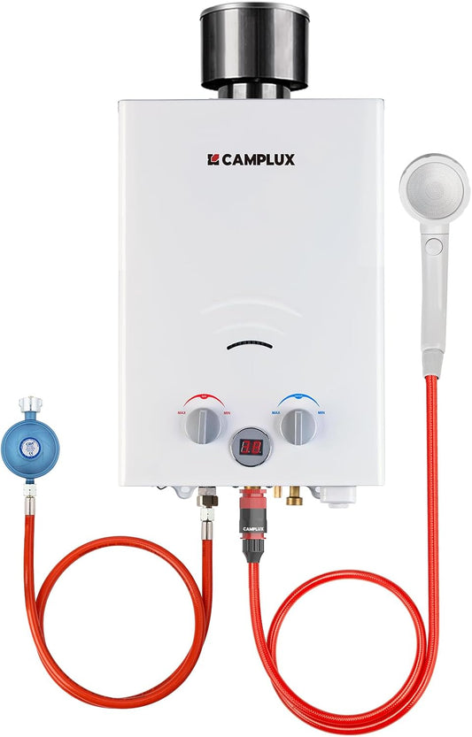 Camplux BW158C Tankless LPG doorstroomboiler op gas met regenhoes, draagbare boiler, 6 l, 12 kW, 50 mbar, voor camping, paardendouche