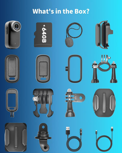 Action Cam 4K WiFi, lichaamscamera, mini bodycam, 64 GB, 150 graden kleine motor-/sportcamera, helmcamera met display, actiecamera's, vlog, videocamera met multifunctionele accessoires