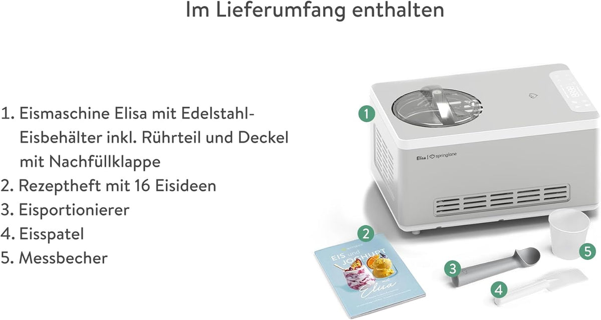 IJsmachine & Yoghurtmaker Elisa 2,0 L met zelfkoelende compressor 180w, gemaakt van roestvrij staal, ijsmaker met koel- en verwarmingsfunctie, bewaarcontainer