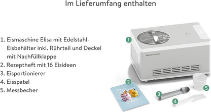 IJsmachine & Yoghurtmaker Elisa 2,0 L met zelfkoelende compressor 180w, gemaakt van roestvrij staal, ijsmaker met koel- en verwarmingsfunctie, bewaarcontainer