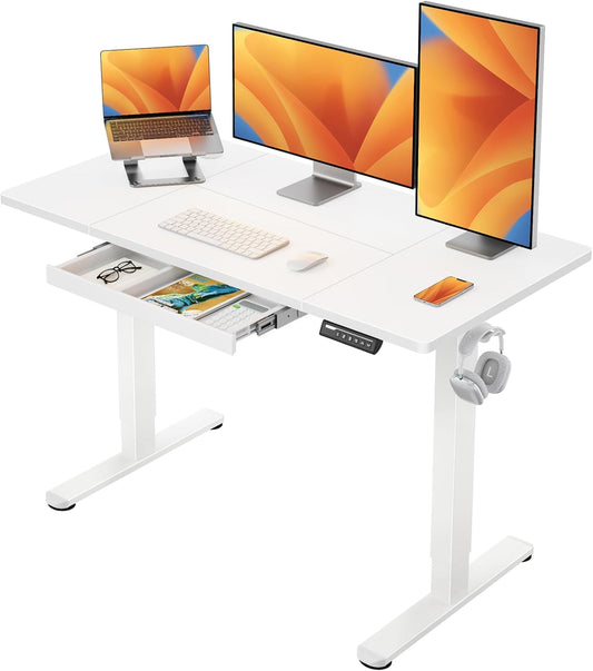 ErGear Elektrisch Zit-Sta Bureau 120 x 60 cm, met Gemakkelijk Glijdende Lade & 4 Geheugen Smart Paneel, T-poot Ontwerp, Verdeelplaat, Wit Frame & Oppervlak