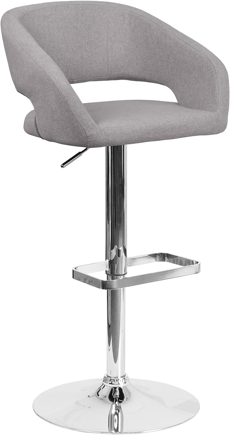 Flash Furniture Barkruk, modern, grijze stof, in hoogte verstelbaar, met afgeronde middelhoge rugleuning en chromen basis, 107 x 53 x 52 cm